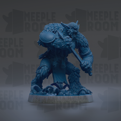A blue, furry, monster-like creature with horns and a fierce expression is depicted in the image.
