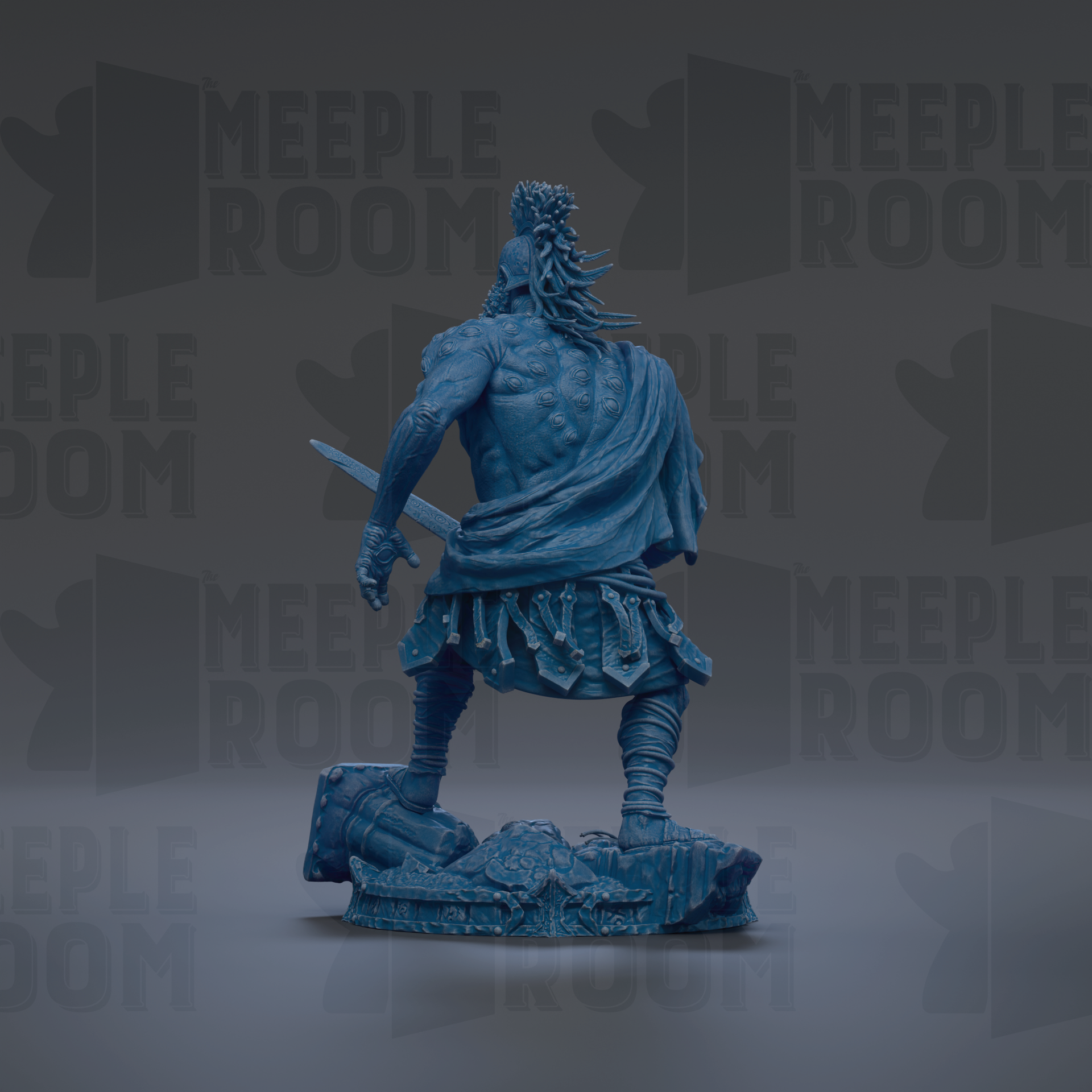 A blue statue of a muscular warrior figure holding a sword and shield, standing on a platform against a dark background with repeated text.