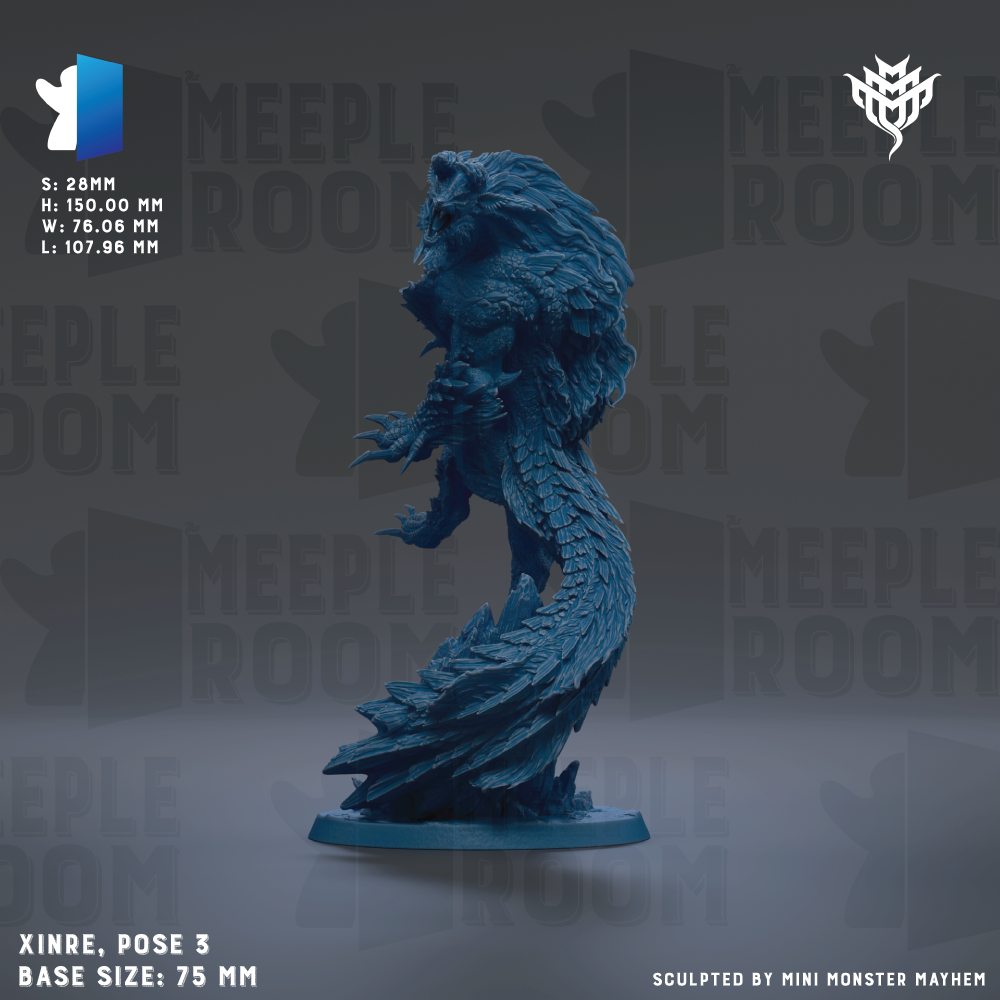 a blue figurine of a dragon-like creature, possibly a mythical or fantasy monster, posed on a base. The figurine is described as being 3-base size and has a 75 mm height. The background of the image is a dark gray color, and there is text and logos related to the Meeple Room, which is a popular gaming community.