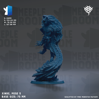 a blue figurine of a dragon-like creature, possibly a mythical or fantasy monster, posed on a base. The figurine is described as being 3-base size and has a 75 mm height. The background of the image is a dark gray color, and there is text and logos related to the Meeple Room, which is a popular gaming community.