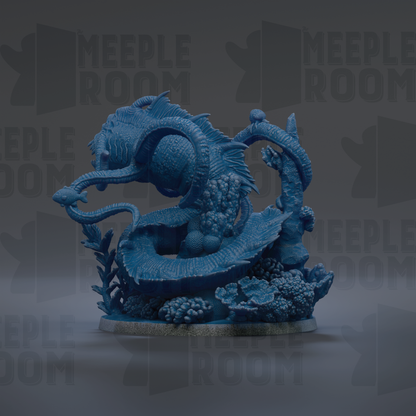 A 3D rendering of a blue, fantastical creature resembling a dragon or serpent, with intricate scales and a coiled body, set against a dark background with repeated text.