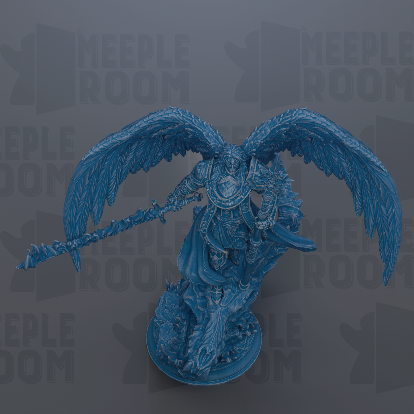 A detailed 3D rendering of a winged warrior figure with a sword, standing on a platform against a dark background with repeated text.
