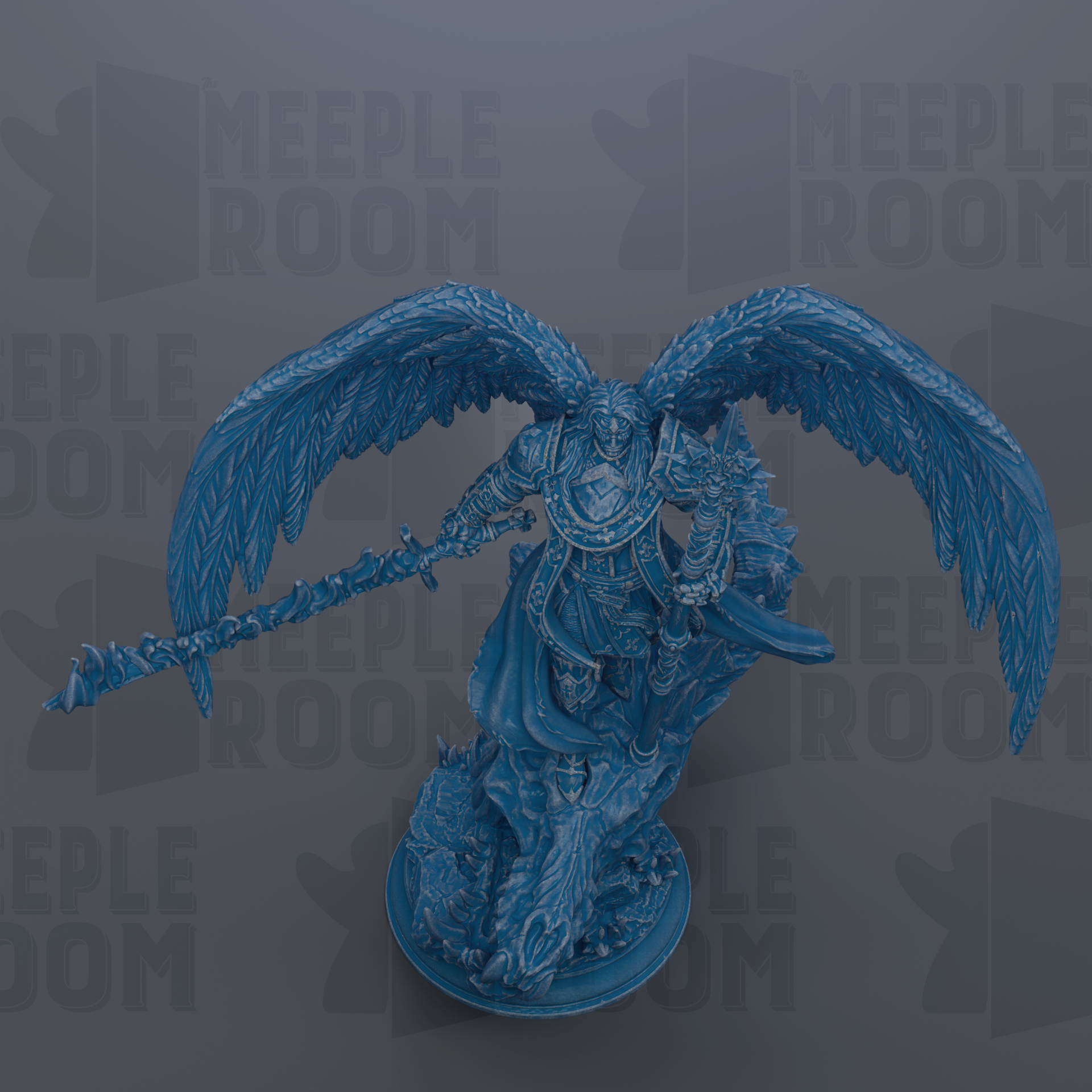 A detailed 3D rendering of a winged warrior figure with a sword, standing on a platform against a dark background with repeated text.