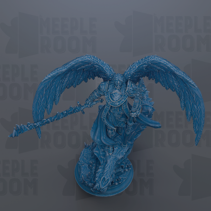 A detailed 3D rendering of a winged warrior figure with a sword, standing on a platform against a dark background with repeated text.