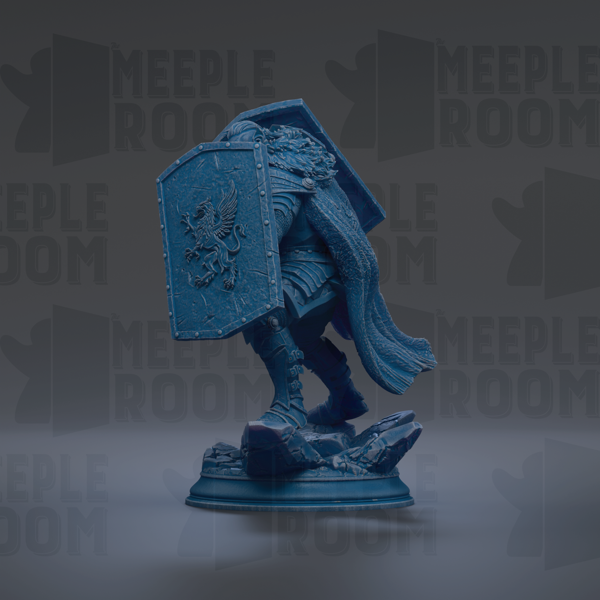 A blue statue of a warrior figure with a shield and a flowing cape, standing on a pedestal against a dark background with repeated text.