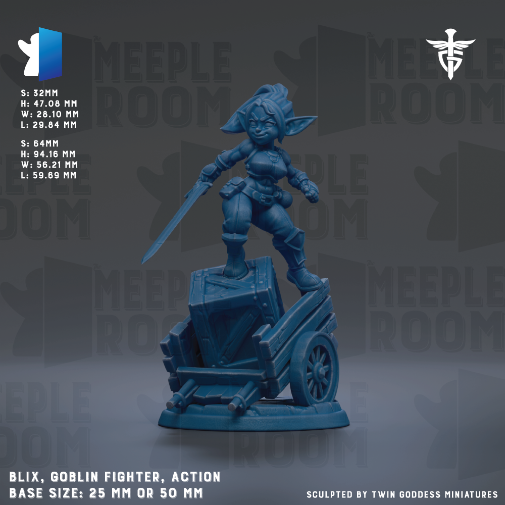 a blue figurine of a female character, likely a fairy or elf, holding a sword and standing on a wagon or cart. The figurine is the main focus of the image, and there is no additional text provided.