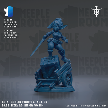 a blue figurine of a female character, likely a fairy or elf, holding a sword and standing on a wagon or cart. The figurine is the main focus of the image, and there is no additional text provided.