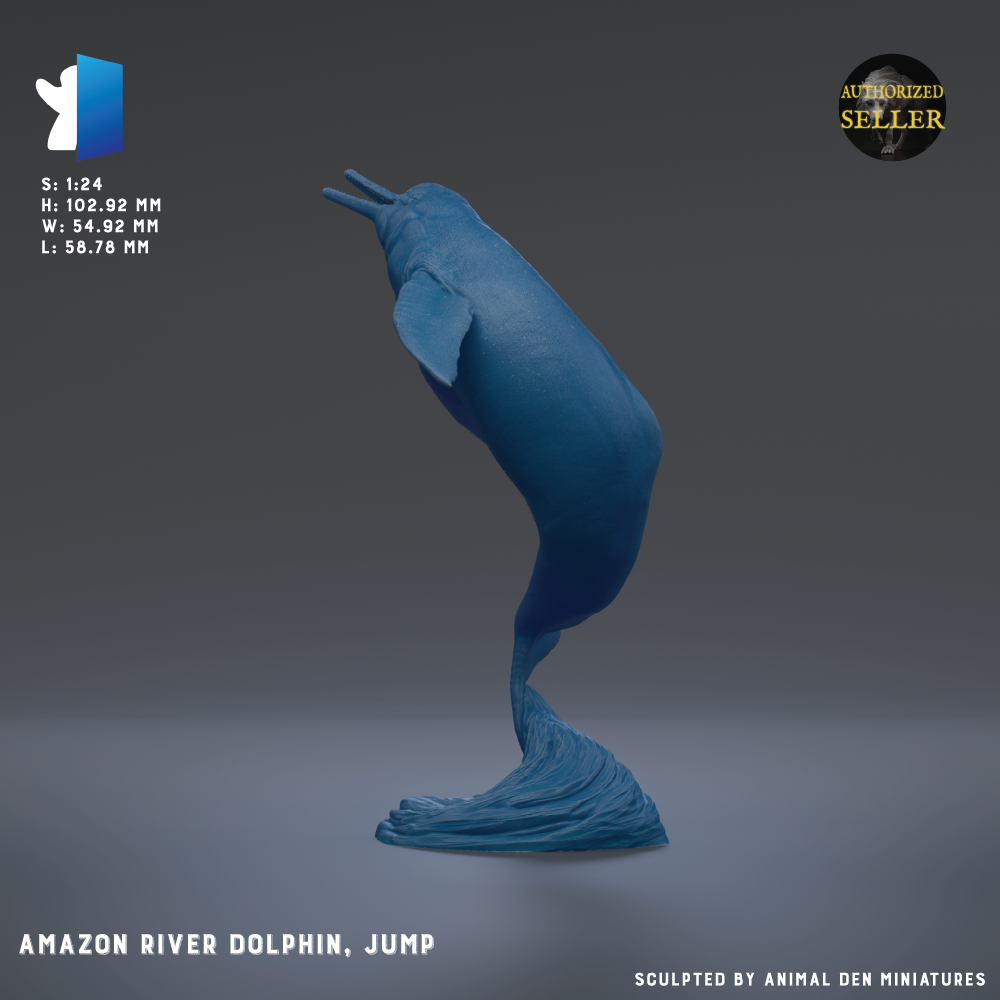 a blue Amazon River dolphin jumping in mid-air.