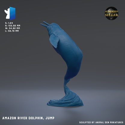 a blue Amazon River dolphin jumping in mid-air.