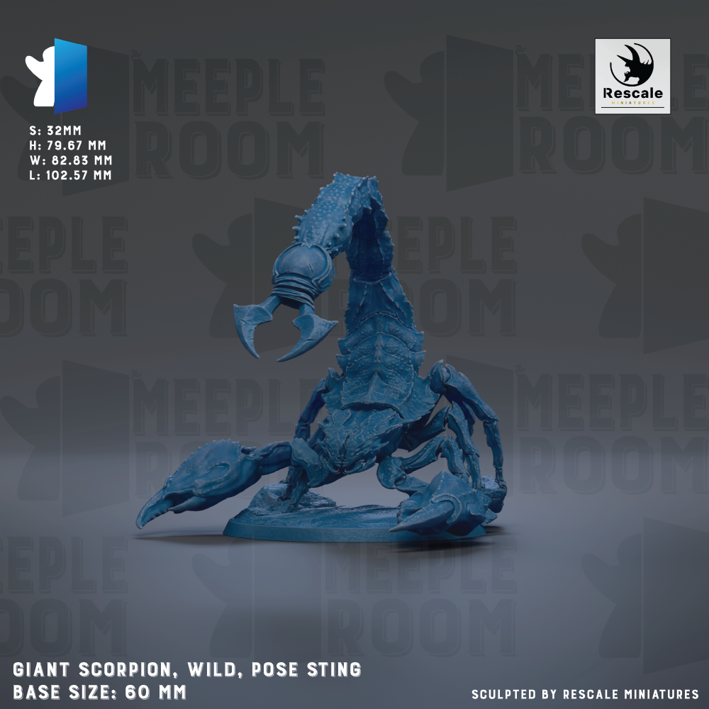 a large blue figurine of a scorpion, with its legs spread out and its stinger extended. The figurine appears to be a wild, pose stinger, and it is described as a giant scorpion. The image is a sculpture of a scorpion, and it is shown in a pose that suggests it is ready to sting. The base size of the sculpture is 60 millimeters. The image is not a collage of multiple images, but a single, detailed sculpture.