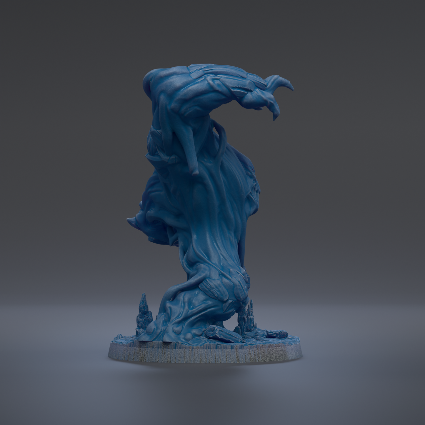 A blue, abstract sculpture with flowing, organic shapes and forms, set against a dark background.