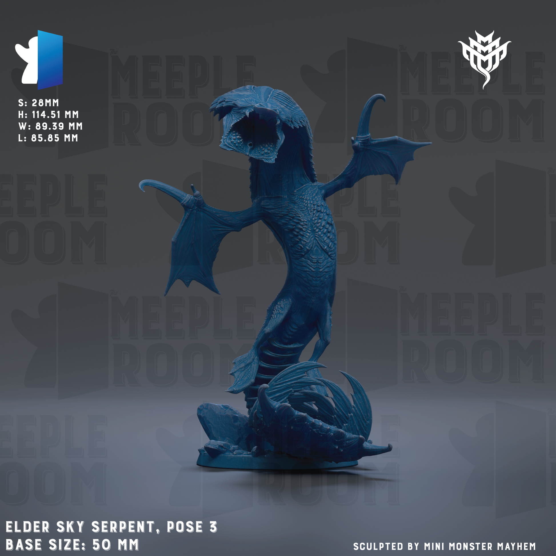 a blue LEGO snake statue with wings, standing on a rock. The statue is described as a "Elder Sky Serpent" and is posed in a 3-base size. The background of the image is a dark gray color, and there are repeated instances of the word "MEIPLEROOM" in the background.