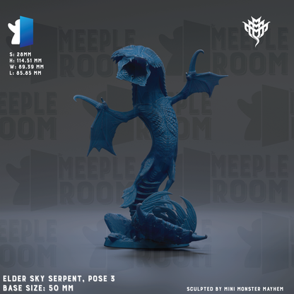 a blue LEGO snake statue with wings, standing on a rock. The statue is described as a "Elder Sky Serpent" and is posed in a 3-base size. The background of the image is a dark gray color, and there are repeated instances of the word "MEIPLEROOM" in the background.