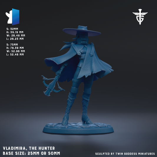 a figurine of a character named Vladimir, the Hunter, standing on a base size of 25mm or 50mm.