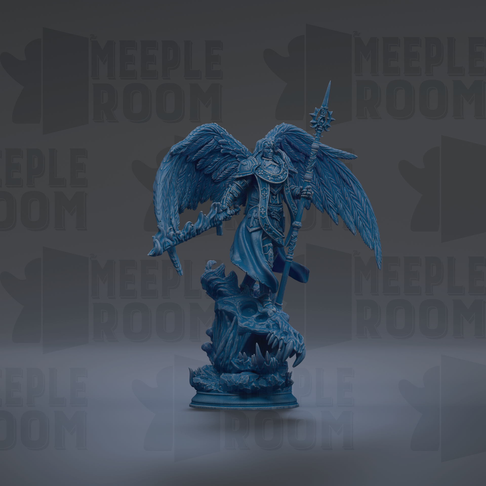 A blue figurine of a winged warrior standing on a rock, holding a spear and shield, against a dark background with repeated text.