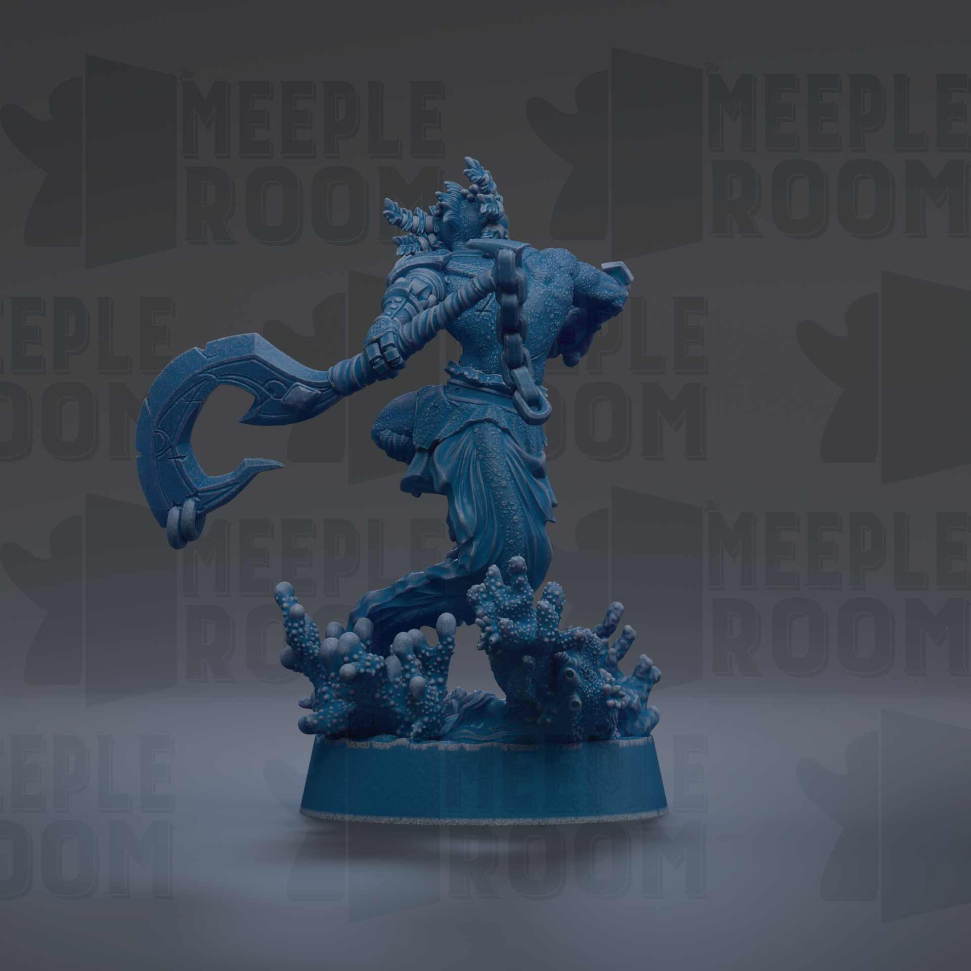 A blue figurine of a warrior wielding a sword and shield, standing on a base and surrounded by a chaotic, underwater scene.