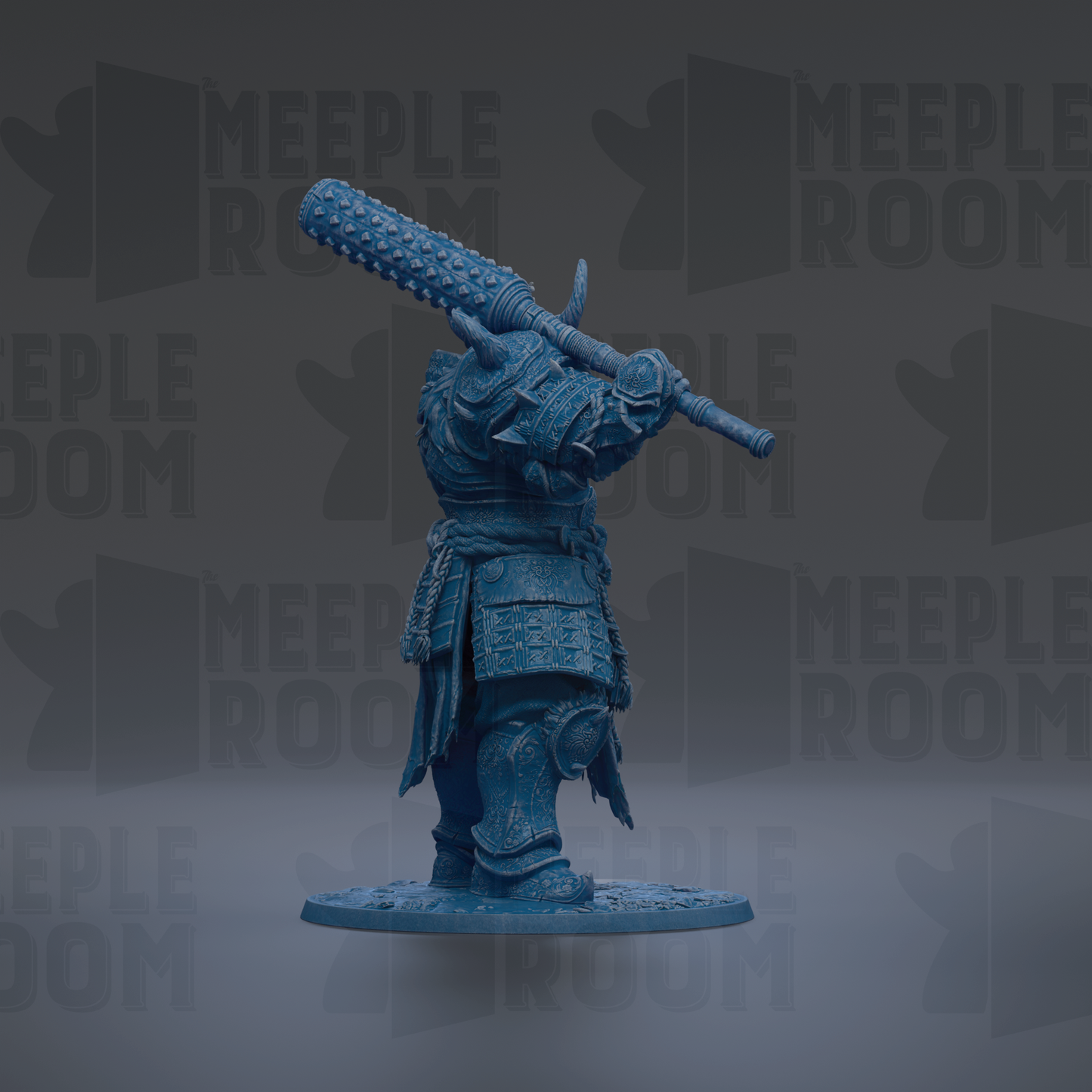 A blue figurine of a warrior standing in a fighting stance, holding a large weapon in its right hand.