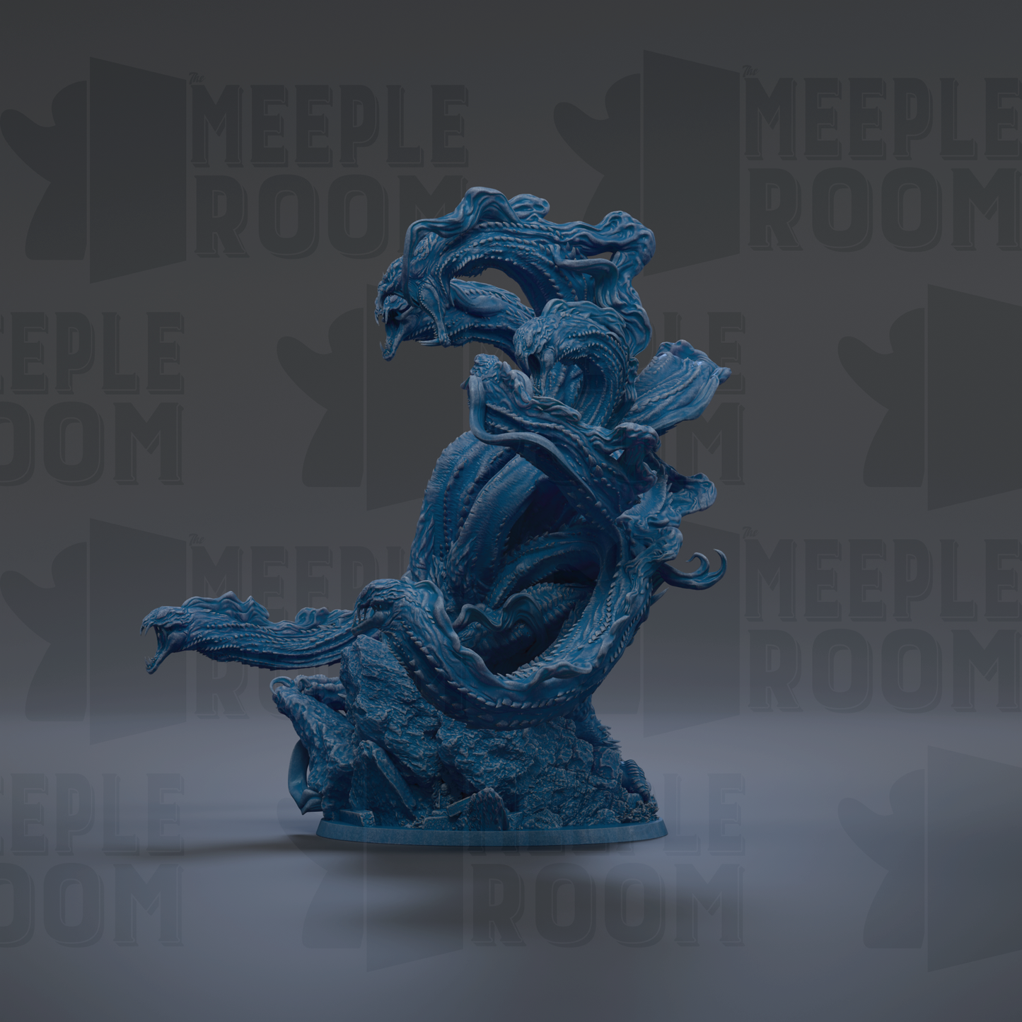 A blue, abstract sculpture resembling a dragon or sea creature, with intricate and flowing details, is the central focus of the image.