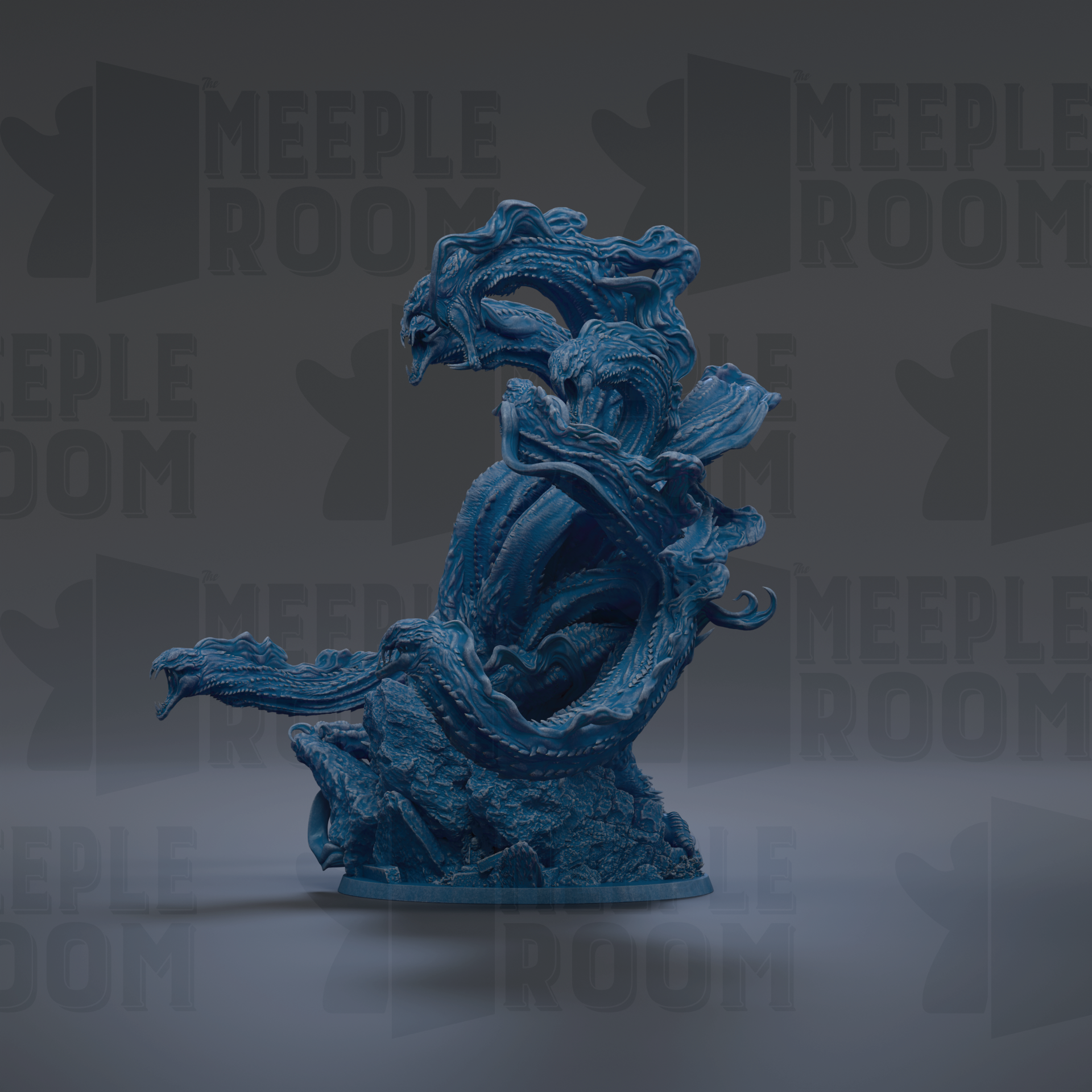 A blue, abstract sculpture resembling a dragon or sea creature, with intricate and flowing details, is the central focus of the image.