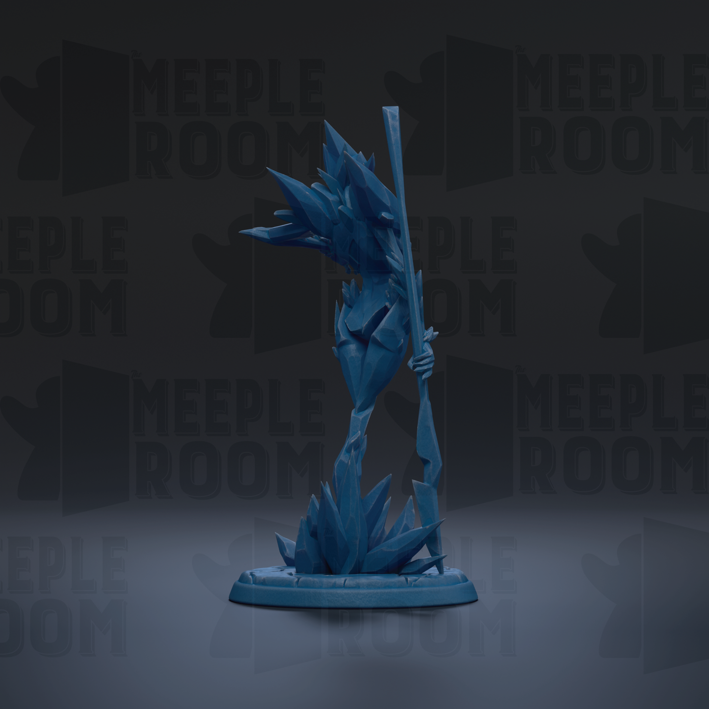 A blue, abstract sculpture with sharp, jagged edges and a pointed top stands prominently against a dark background with repeated "MEUPLE ROOM" text.