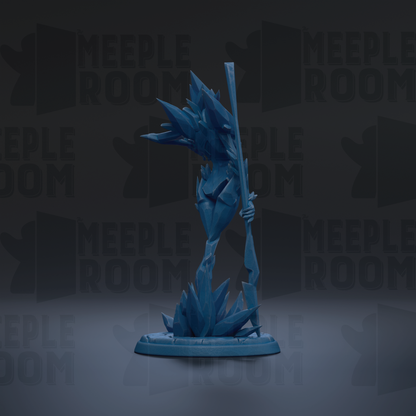 A blue, abstract sculpture with sharp, jagged edges and a pointed top stands prominently against a dark background with repeated "MEUPLE ROOM" text.