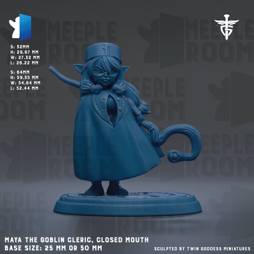 a figurine of a character named Maya, a goblin Oracle, with a closed mouth and a pointed hat. The figurine is described as a "closed mouth" and is shown in a blue color. The figurine is placed on a base that is either 25mm or 50mm in size. The image is a collage of multiple images, and it is described as a "meadow" or "meadow of the gods".