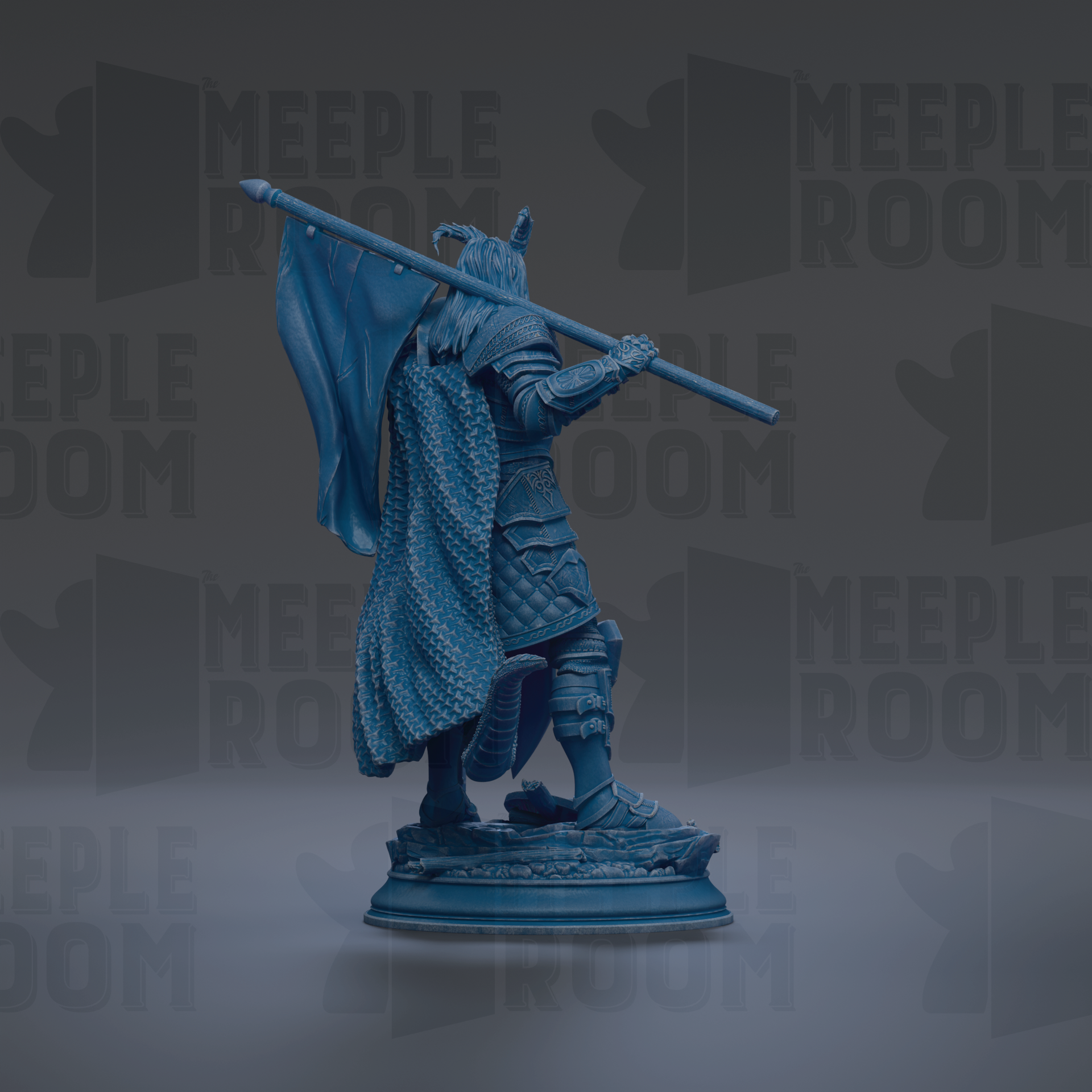 A blue statue of a person holding a flag, standing on a pedestal.