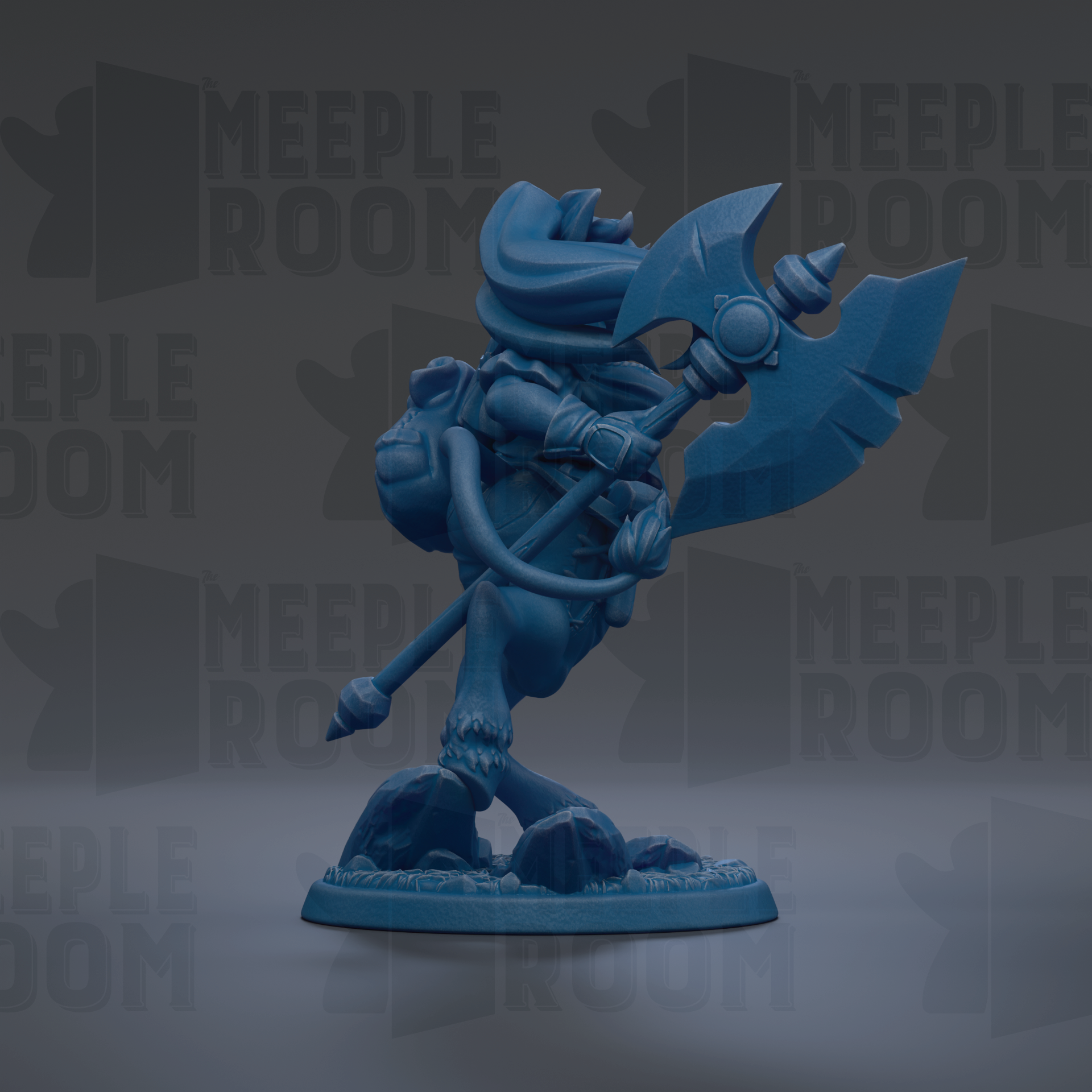 A blue figurine of a fantastical creature, possibly a dragon or mythical being, is depicted in the image.