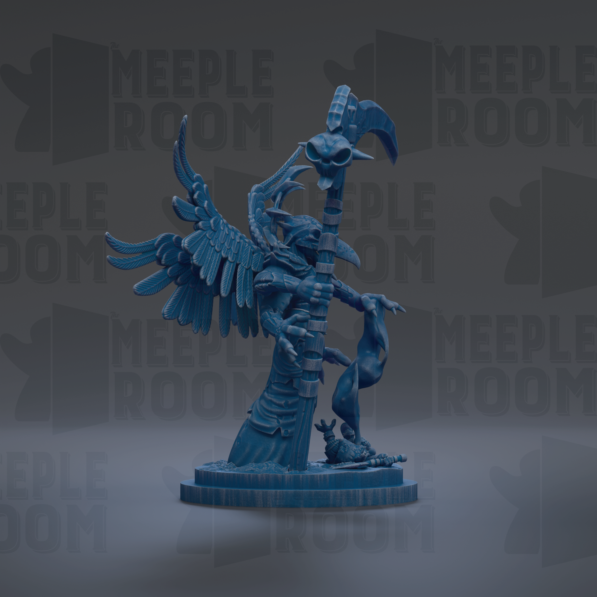 A blue, winged figurine with a skull-like head stands on a pedestal against a dark background with repeated text.