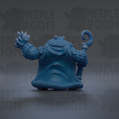 A blue, 3D-rendered character with a curved staff and a flowing robe, standing against a dark background with repeated text.