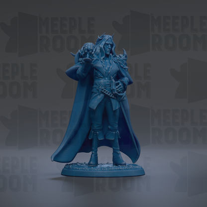 A blue figurine of a person with long hair and a cape, standing on a base and holding a weapon.