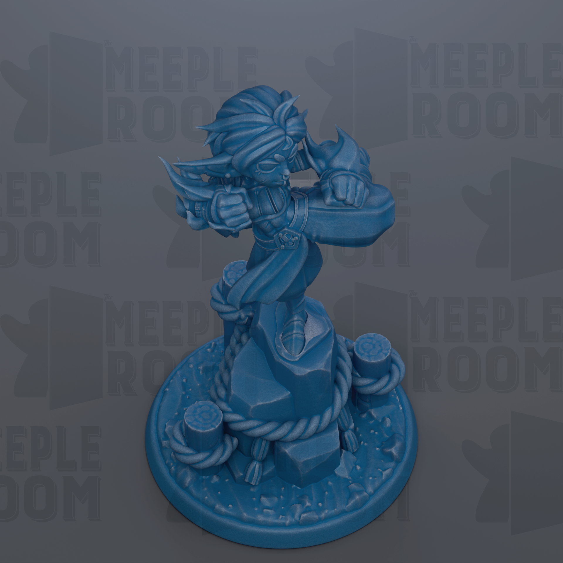 A blue figurine of a character with a sword and shield, standing on a base with a rope and other objects, against a gray background with repeated text.