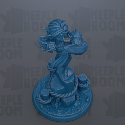 A blue figurine of a character with a sword and shield, standing on a base with a rope and other objects, against a gray background with repeated text.