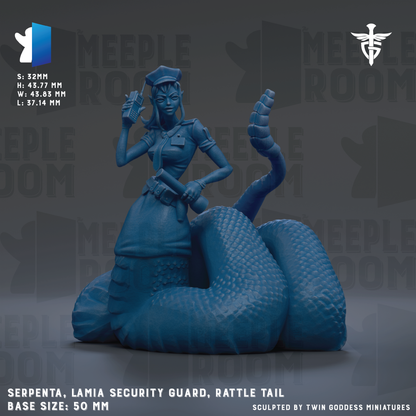 a blue statue of a female character, likely a security guard or warrior, with a large snake-like creature on her back. The statue is shown in a dynamic pose, with the female character holding a weapon. The background of the image is dark, which contrasts with the blue color of the statue and the snake. The statue is described as a "SERPENTA, LAMIA SECURITY GUARD, RATTLE TILT" and is shown in a base size of 50mm. It is also described as being "Sculpted by Twin Goddess Miniatures".