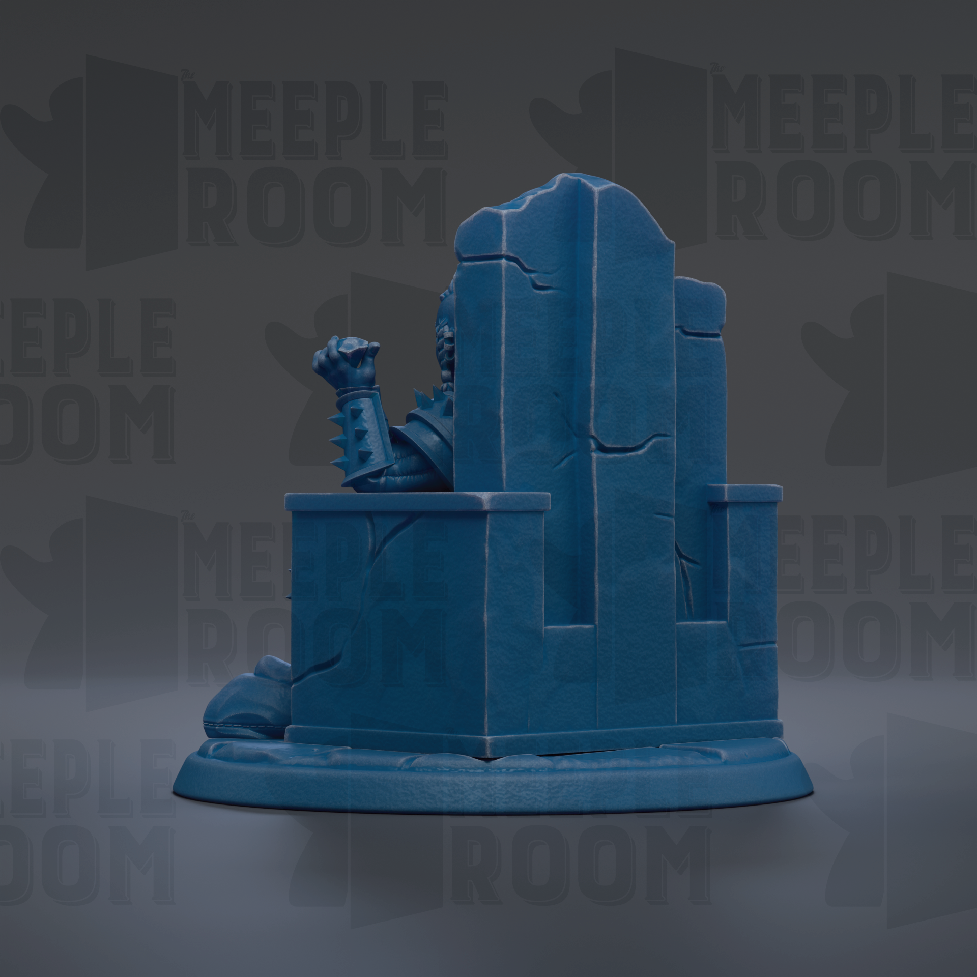 A blue, 3D-rendered statue of a figure sitting on a pedestal, with the word "MEUPLE ROOM" repeated in the background.