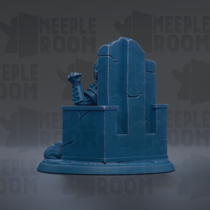 A blue, 3D-rendered statue of a figure sitting on a pedestal, with the word "MEUPLE ROOM" repeated in the background.