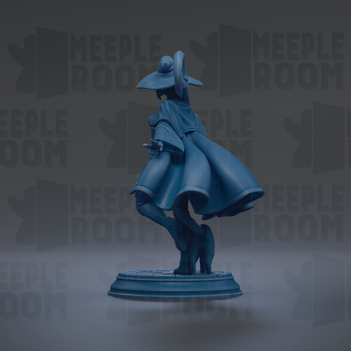 A blue statue of a person with a hat and flowing cape, standing on a pedestal against a dark background with repeated text.