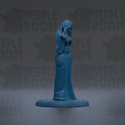 A blue figurine of a woman with a pensive expression is displayed against a dark background with repeated text.