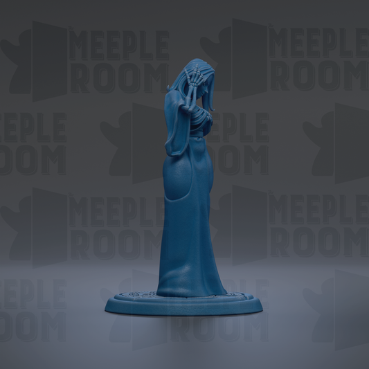 A blue figurine of a woman with a pensive expression is displayed against a dark background with repeated text.