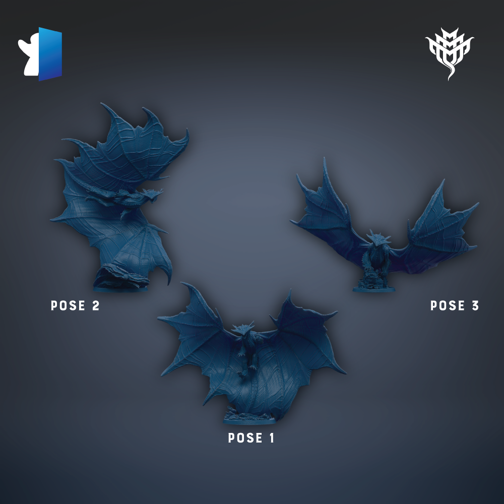 three blue bat figurines, each in a different pose, arranged against a dark background.