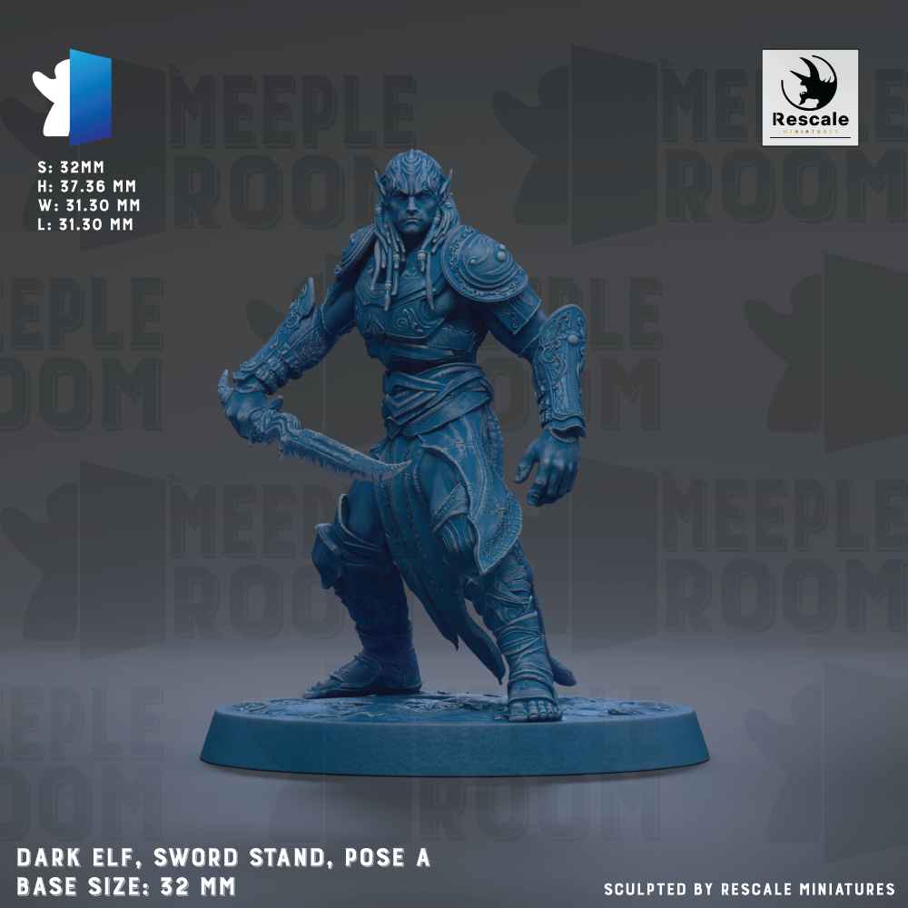 a dark elf wielding a sword, standing on a sword stand and posing with a sword.