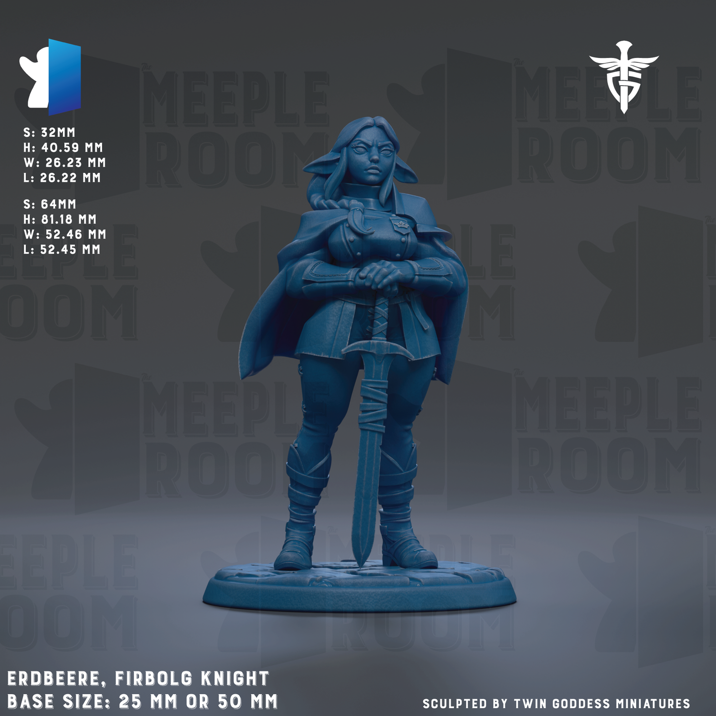 The image is a 3D model of a female character, specifically a female warrior or knight, standing in a fighting stance with a sword in her hand. The character is depicted in a blue color, and the background is a dark gray color. The image is described as a "Sculpted by Twin Goddess Miniatures" and includes details about the base sizes and dimensions of the character.