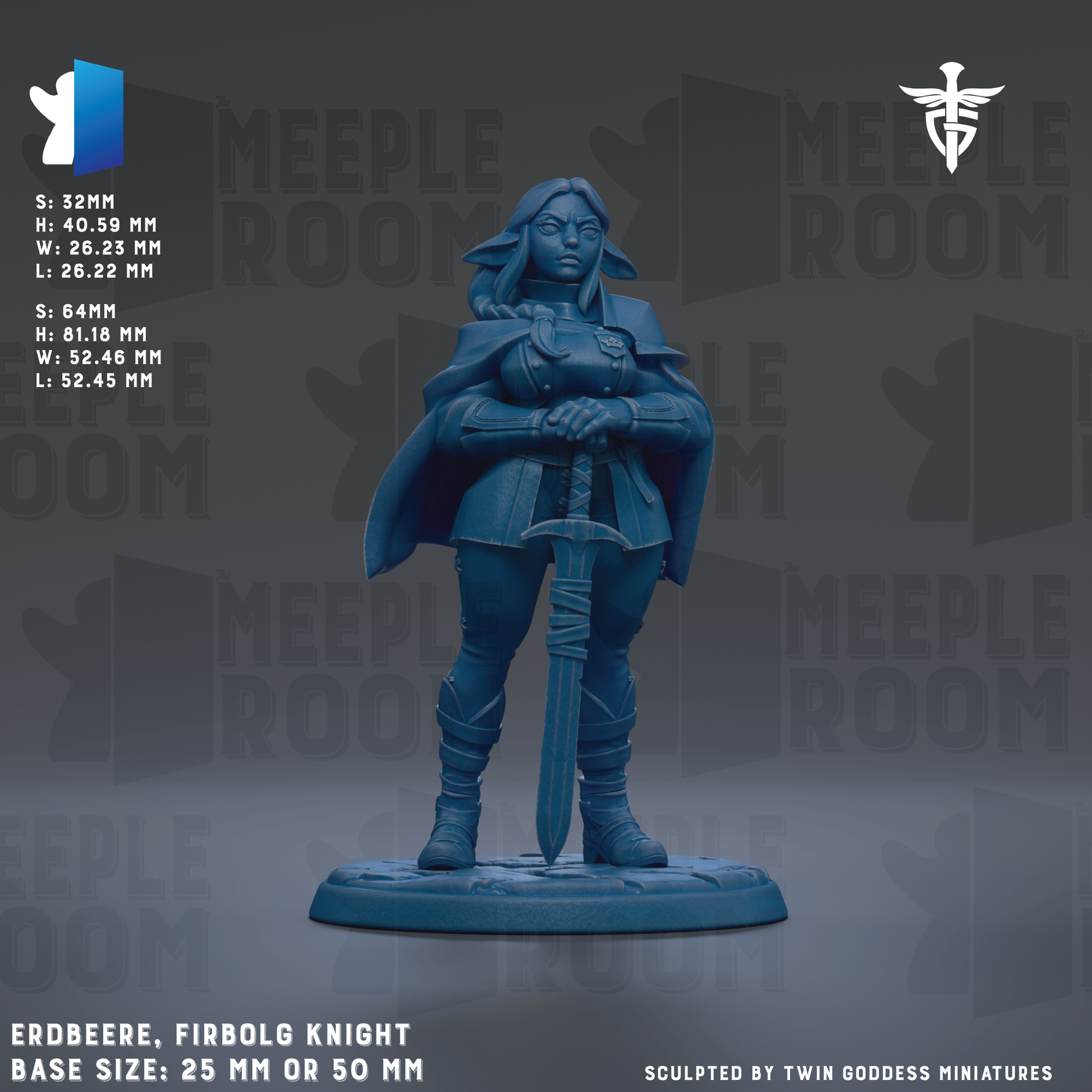 The image is a 3D model of a female character, specifically a female warrior or knight, standing in a fighting stance with a sword in her hand. The character is depicted in a blue color, and the background is a dark gray color. The image is described as a "Sculpted by Twin Goddess Miniatures" and includes details about the base sizes and dimensions of the character.