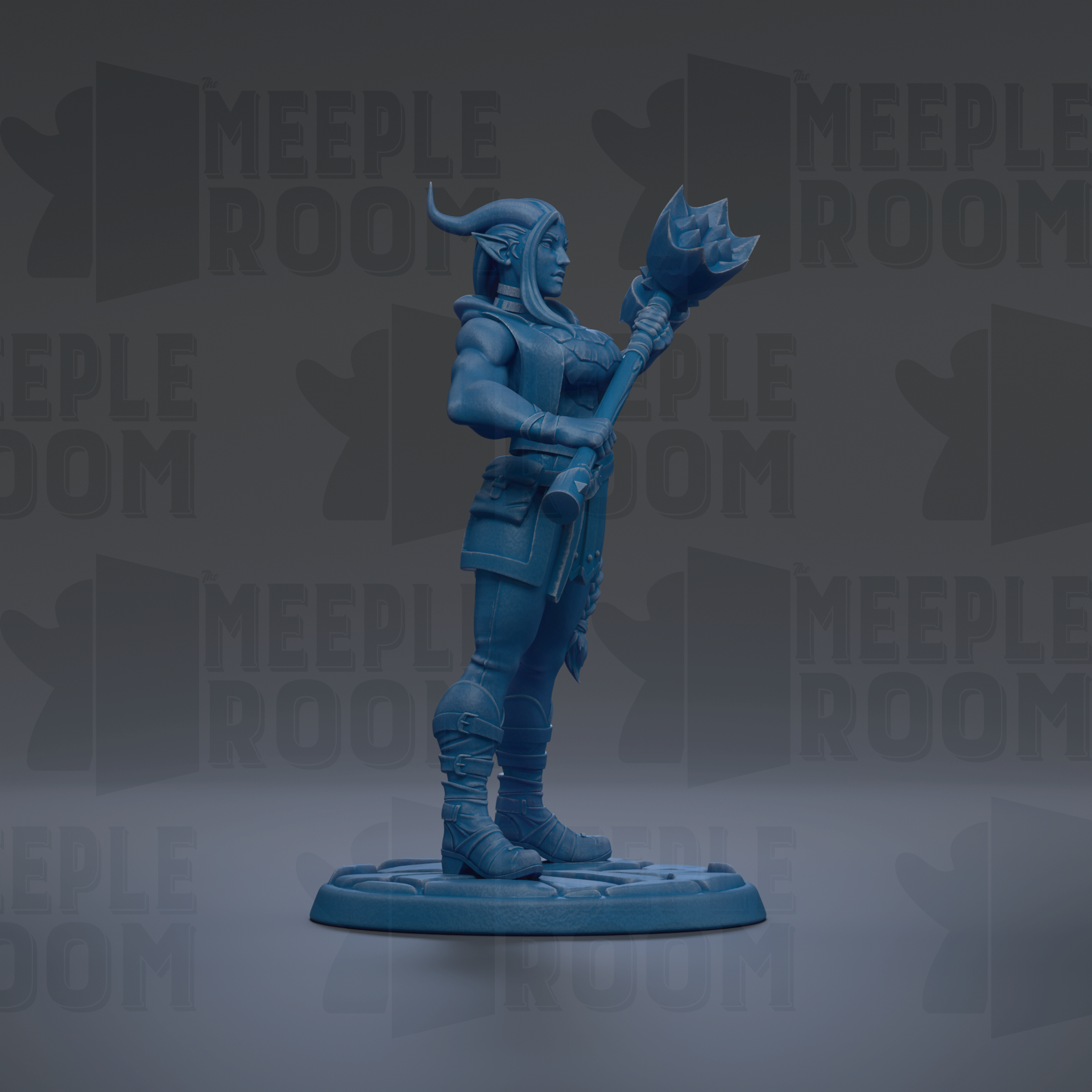 A blue figurine of a warrior standing on a platform, holding a weapon.