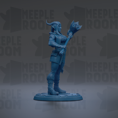 A blue figurine of a warrior standing on a platform, holding a weapon.