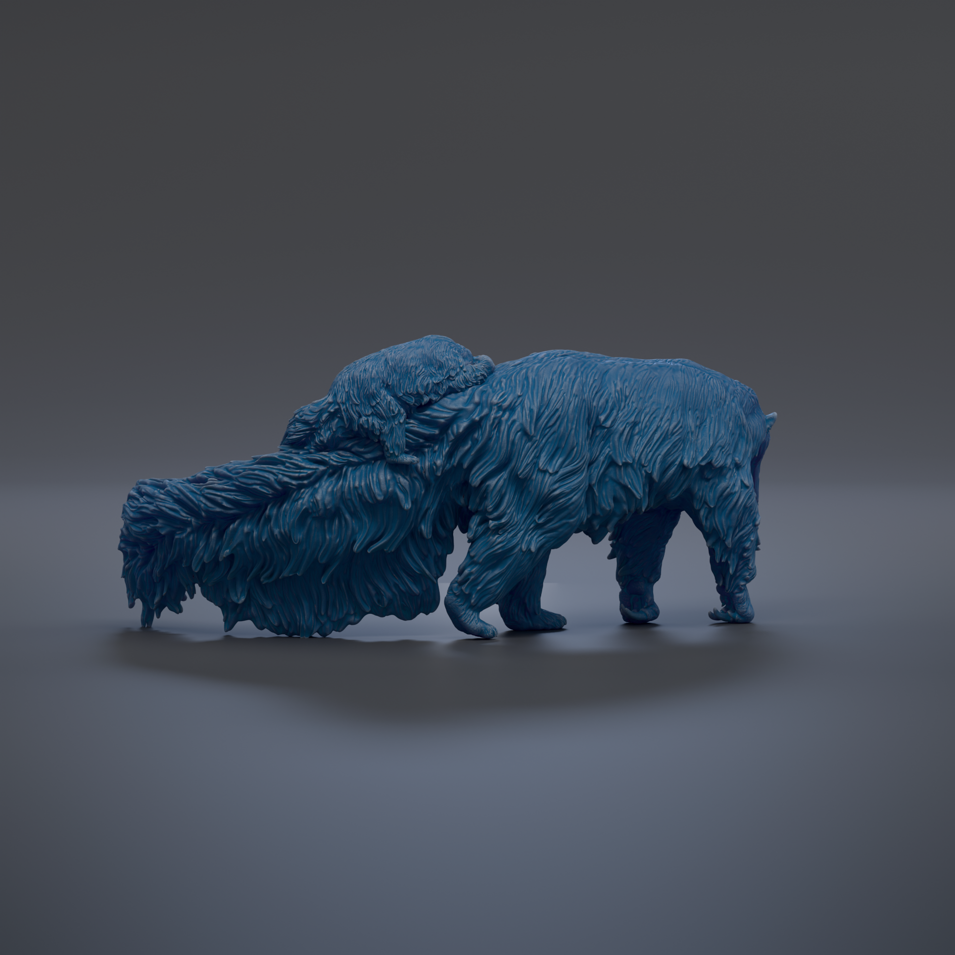 A blue, furry, and textured animal sculpture is shown in the image.