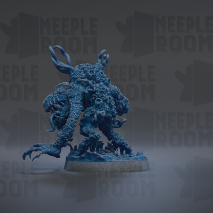 A 3D rendering of a blue, organic-looking creature with intricate, textured features, standing on a base.