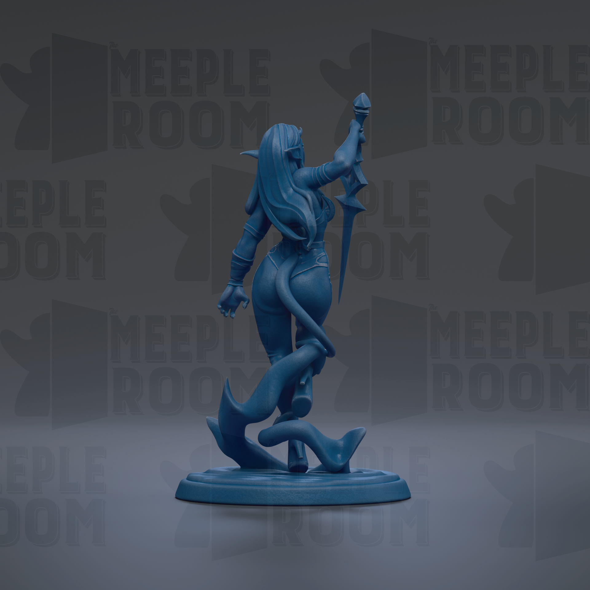 A blue figurine of a woman with long hair and a sword stands on a base against a dark background with repeated text.