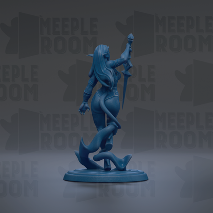 A blue figurine of a woman with long hair and a sword stands on a base against a dark background with repeated text.