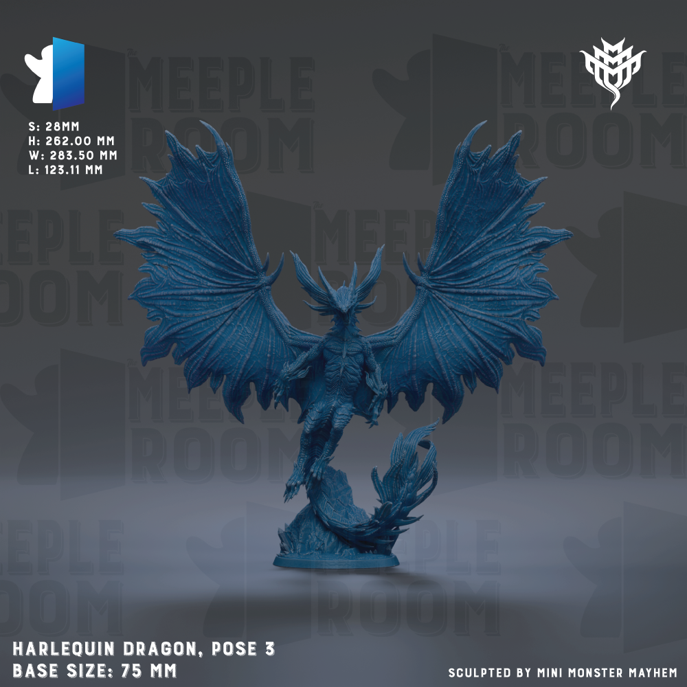 a blue Harlequin Dragon figurine posed in a dynamic flying position, with its wings spread wide. The base size of the figurine is 75 millimeters. The image is a 3D rendering of the figurine, and it is sculpted by Mini Monster Mayhem.